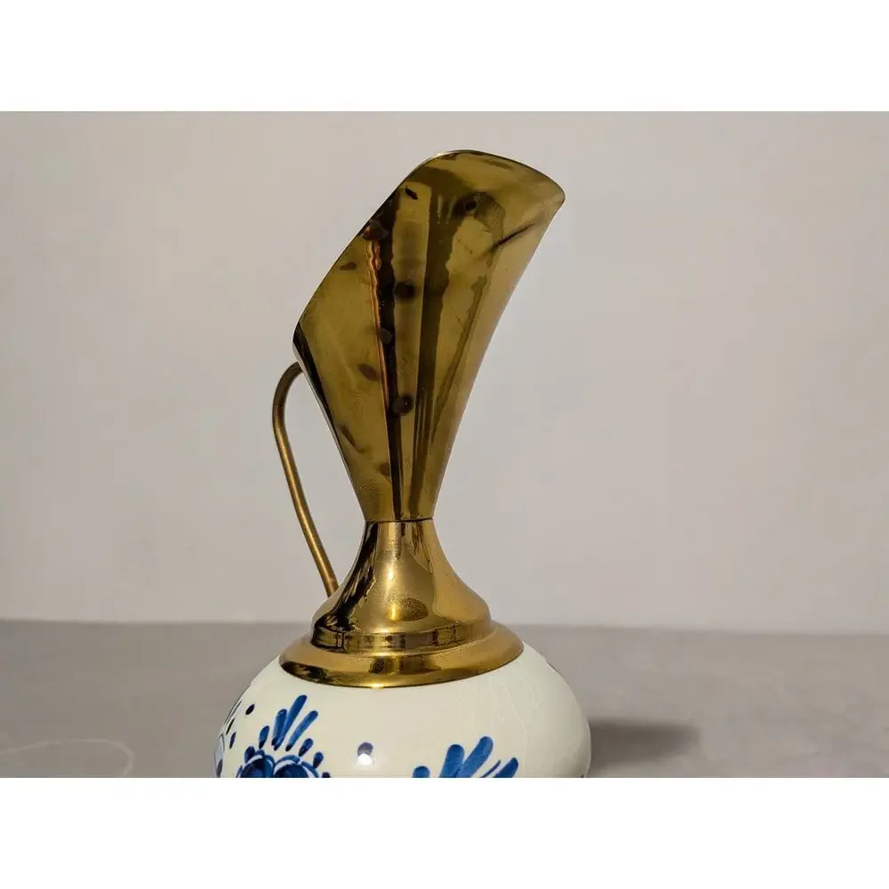 Vintage Blue Floral Delftware Brass Porcelain Pitcher Vase Holland Model # 2285